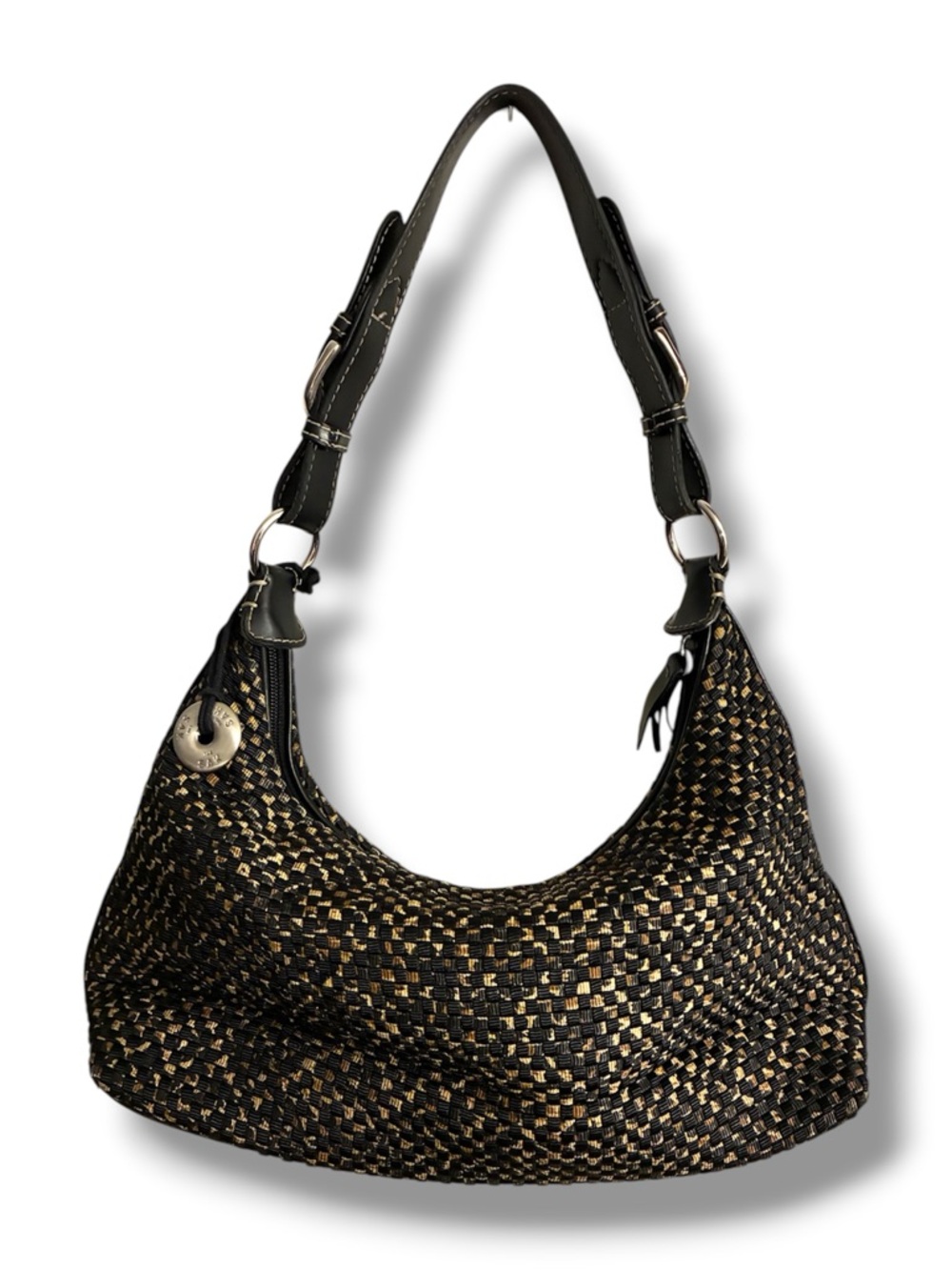 🖤 The Sak Black Woven Shoulder Bag Boho Crochet Leather Trim Hobo Purse